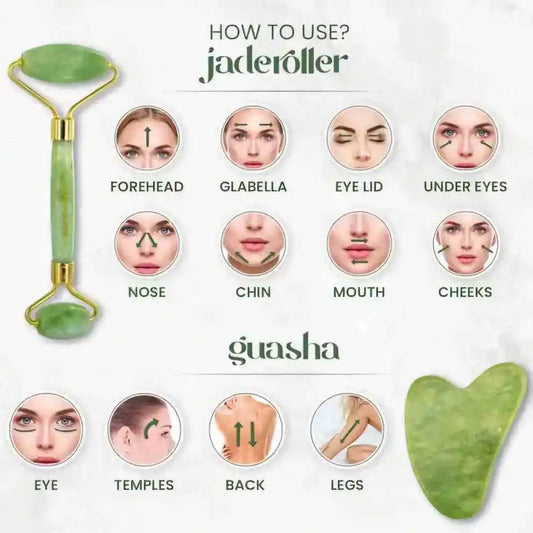 Jade roller and guasha tool with facial massage guide for skincare routine