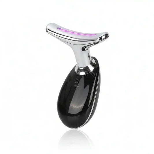 LED facial cleansing device with purple light, sleek black and chrome design for skincare routine