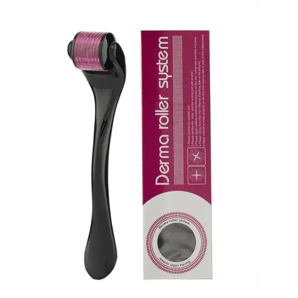 Derma roller system with pink micro-needles for skincare, shown with packaging