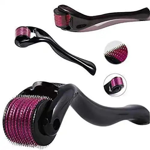 Black derma roller with purple micro-needles for facial skincare and collagen stimulation
