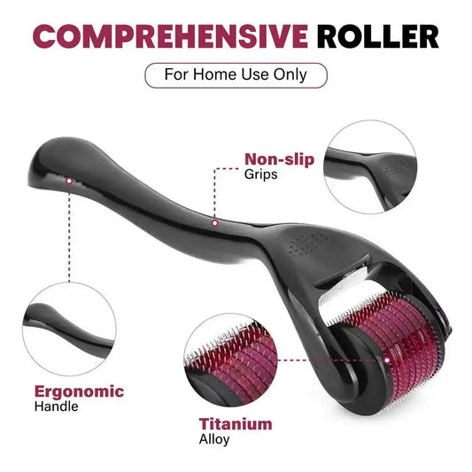 Ergonomic derma roller with titanium alloy microneedles and non-slip grip for home skincare use