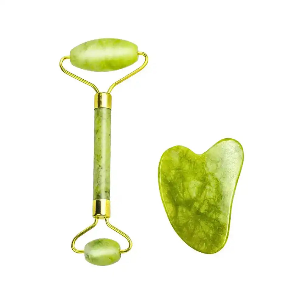 Green jade facial roller and gua sha tool for skincare and self-care routines