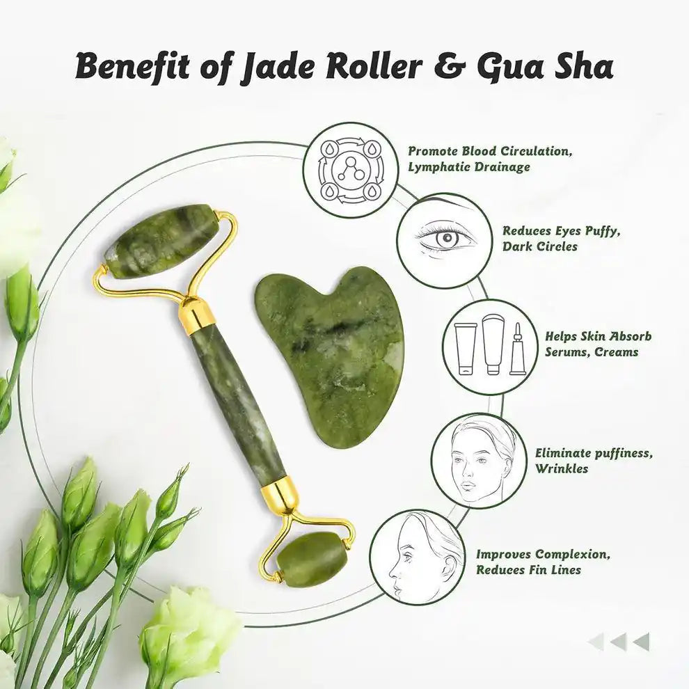Green jade roller and gua sha tool for facial massage, promoting circulation and reducing puffiness