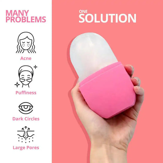 Hand holding pink skincare tool for acne, puffiness, dark circles, large pores — one solution for many skin problems